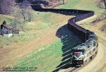 Monongahela Railway, MGA 7-23Bs 2304- 2300 leads three P&LE GP38s on the Monongahela Railways Manor Branch at, Graysville, Pennsylvania. April 18, 1990.  